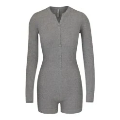 SOFT LOUNGE BUTTON UP HENLEY ONESIE | HEATHER GREY