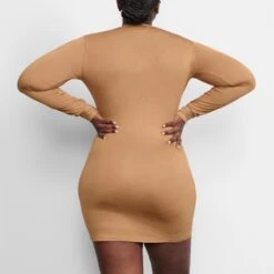 SLEEP HENLEY DRESS | CAMEL -Deals Easy Allure Wardrobe Store SKIMS LOUNGEWEAR AP DRS 0399 LD CAM BK