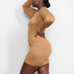 SLEEP HENLEY DRESS | CAMEL -Deals Easy Allure Wardrobe Store SKIMS LOUNGEWEAR AP DRS 0399 LD CAM SD