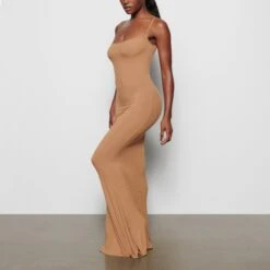 SOFT LOUNGE LONG SLIP DRESS | CAMEL -Deals Easy Allure Wardrobe Store SKIMS LOUNGEWEAR AP DRS 0596 CA CAM SD