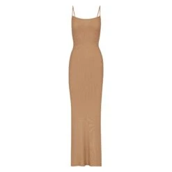 SOFT LOUNGE SHIMMER LONG SLIP DRESS | CAMEL