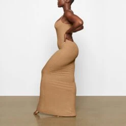 SOFT LOUNGE SHIMMER LONG SLIP DRESS | CAMEL -Deals Easy Allure Wardrobe Store SKIMS LOUNGEWEAR AP DRS 0596 XC CMF 0006 SD