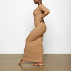 SOFT LOUNGE SHIMMER LONG SLEEVE DRESS | CAMEL -Deals Easy Allure Wardrobe Store SKIMS LOUNGEWEAR AP DRS 1701 XC CMF 0013 SD