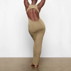 SMOOTH LOUNGE OPEN RACERBACK DRESS | KHAKI -Deals Easy Allure Wardrobe Store SKIMS LOUNGEWEAR AP DRS 2040 TA KHK 0016 BK