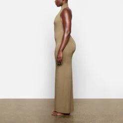 SMOOTH LOUNGE LOW BACK HALTER DRESS | KHAKI -Deals Easy Allure Wardrobe Store SKIMS LOUNGEWEAR AP DRS 2042 TA KHK 0007 SD