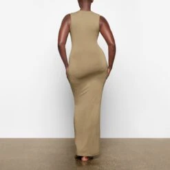 SMOOTH LOUNGE CREW NECK SLEEVELESS DRESS | KHAKI -Deals Easy Allure Wardrobe Store SKIMS LOUNGEWEAR AP DRS 2044 TA KHK 0018 BK