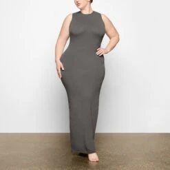 SMOOTH LOUNGE CREW NECK SLEEVELESS DRESS | GUNMETAL -Deals Easy Allure Wardrobe Store SKIMS LOUNGEWEAR AP DRS 2044 TB GUN 0004 FR