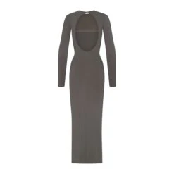 SMOOTH LOUNGE LONG SLEEVE OPEN BACK DRESS | GUNMETAL -Deals Easy Allure Wardrobe Store SKIMS LOUNGEWEAR AP DRS 2045 GUN B
