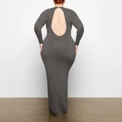 SMOOTH LOUNGE LONG SLEEVE OPEN BACK DRESS | GUNMETAL -Deals Easy Allure Wardrobe Store SKIMS LOUNGEWEAR AP DRS 2045 TB GUN 0019 BK