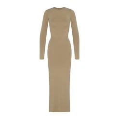 SMOOTH LOUNGE CREW NECK LONG SLEEVE DRESS | KHAKI