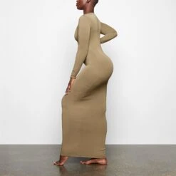 SMOOTH LOUNGE CREW NECK LONG SLEEVE DRESS | KHAKI -Deals Easy Allure Wardrobe Store SKIMS LOUNGEWEAR AP DRS 2046 TA KHK 0010 SD