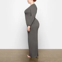 SMOOTH LOUNGE CREW NECK LONG SLEEVE DRESS | GUNMETAL -Deals Easy Allure Wardrobe Store SKIMS LOUNGEWEAR AP DRS 2046 TB GUN 0008 SD