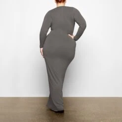 SMOOTH LOUNGE CREW NECK LONG SLEEVE DRESS | GUNMETAL -Deals Easy Allure Wardrobe Store SKIMS LOUNGEWEAR AP DRS 2046 TB GUN 0021 BK