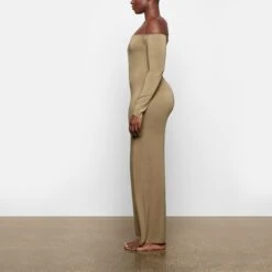 SMOOTH LOUNGE OFF THE SHOULDER DRESS | KHAKI -Deals Easy Allure Wardrobe Store SKIMS LOUNGEWEAR AP DRS 2047 TA KHK 0007 SD