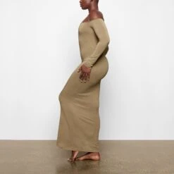SMOOTH LOUNGE OFF THE SHOULDER DRESS | KHAKI -Deals Easy Allure Wardrobe Store SKIMS LOUNGEWEAR AP DRS 2047 TA KHK 0008 BK