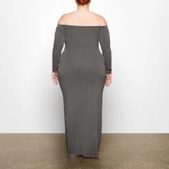 SMOOTH LOUNGE OFF THE SHOULDER DRESS | GUNMETAL -Deals Easy Allure Wardrobe Store SKIMS LOUNGEWEAR AP DRS 2047 TB GUN 0012 BK