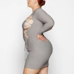 LACE UP MINI DRESS | CHROME -Deals Easy Allure Wardrobe Store SKIMS LOUNGEWEAR AP DRS 2110 WB CHM 0869 SD