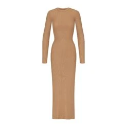 SOFT LOUNGE SHIMMER CREW NECK LONG DRESS | CAMEL