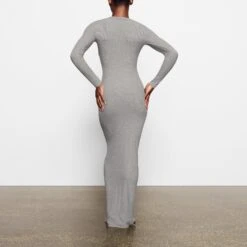 SOFT LOUNGE CREW NECK LONG DRESS | HEATHER GREY -Deals Easy Allure Wardrobe Store SKIMS LOUNGEWEAR AP DRS 2118 OB HEG BK