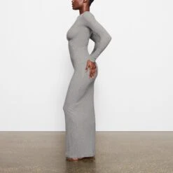SOFT LOUNGE CREW NECK LONG DRESS | HEATHER GREY -Deals Easy Allure Wardrobe Store SKIMS LOUNGEWEAR AP DRS 2118 OB HEG SD