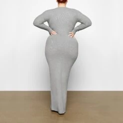 SOFT LOUNGE SHIMMER CREW NECK LONG DRESS | HEATHER GREY -Deals Easy Allure Wardrobe Store SKIMS LOUNGEWEAR AP DRS 2118 XB HGF 0016 BK