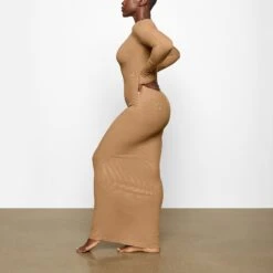 SOFT LOUNGE SHIMMER CREW NECK LONG DRESS | CAMEL -Deals Easy Allure Wardrobe Store SKIMS LOUNGEWEAR AP DRS 2118 XC CMF 0009 SD