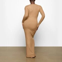 SOFT LOUNGE SHIMMER CREW NECK LONG DRESS | CAMEL -Deals Easy Allure Wardrobe Store SKIMS LOUNGEWEAR AP DRS 2118 XC CMF 0015 BK