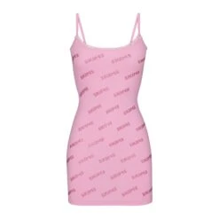 RHINESTONE LOGO POINTELLE MINI SLIP DRESS | BUBBLE GUM
