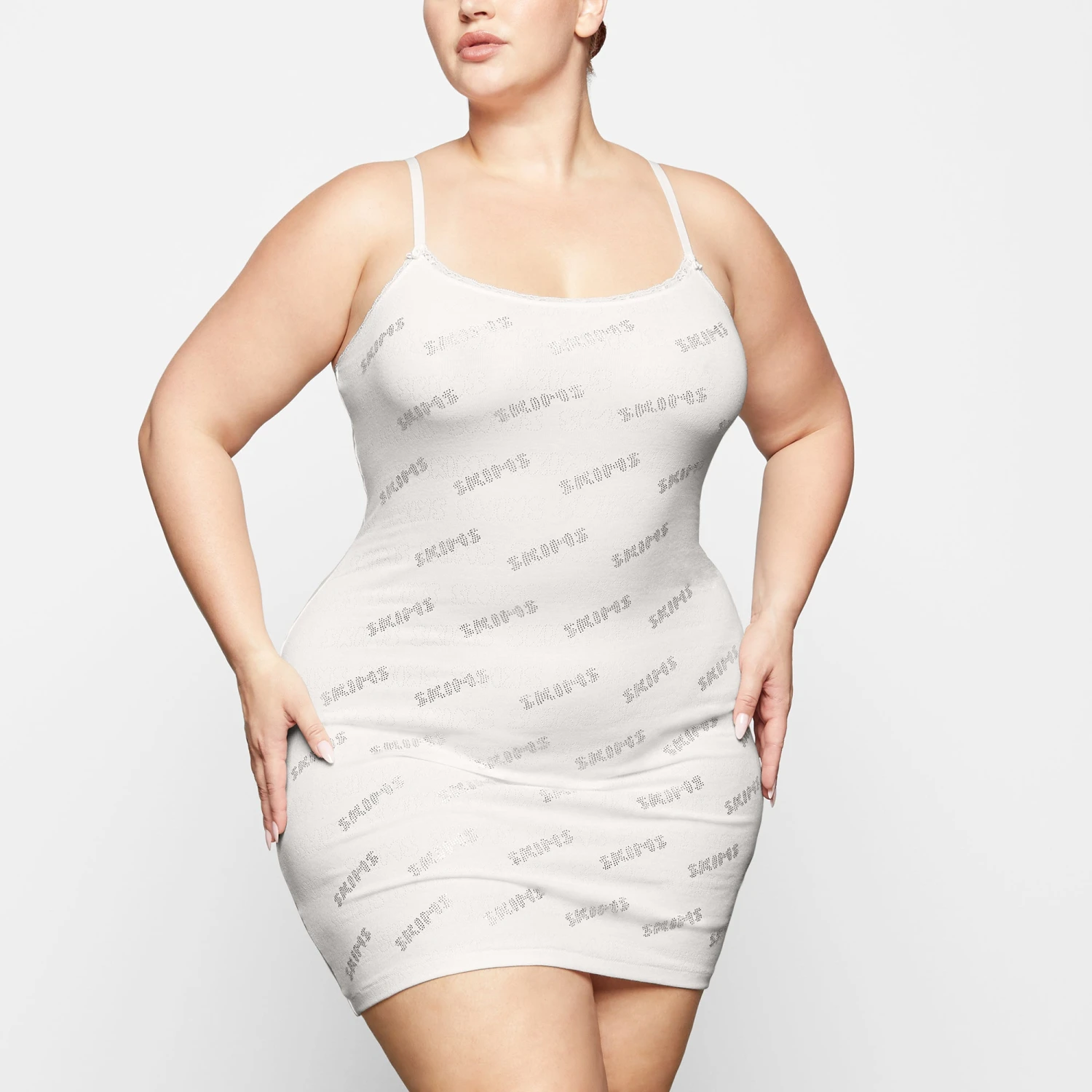 RHINESTONE LOGO POINTELLE MINI SLIP DRESS | MARBLE 2 RHINESTONE LOGO POINTELLE MINI SLIP DRESS | MARBLE - Image 2