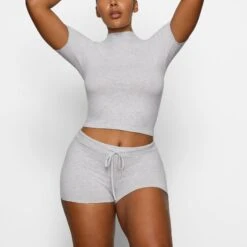 COTTON SLEEP SHORT | LIGHT HEATHER GREY -Deals Easy Allure Wardrobe Store SKIMS LOUNGEWEAR BO SHO 3231 BA LHG 0004 FR