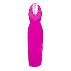 SUMMER MESH LACE DEEP PLUNGE LONG DRESS | FUCHSIA