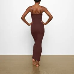 FITS EVERYBODY CORDED LACE LONG SLIP DRESS | COCOA -Deals Easy Allure Wardrobe Store SKIMS LOUNGEWEAR DR MAX 4125 FB COA 0010 BK