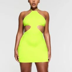 FITS EVERYBODY CUT OUT HALTER DRESS | GREEN HIGHLIGHTER -Deals Easy Allure Wardrobe Store SKIMS LOUNGEWEAR DR MIN 3063 NA GRH 002