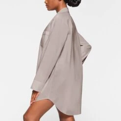 COTTON POPLIN SLEEP BUTTON UP DRESS | SILVER -Deals Easy Allure Wardrobe Store SKIMS LOUNGEWEAR DR MIN 3626 KB SLV 0008 SD