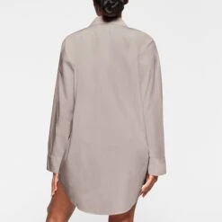 COTTON POPLIN SLEEP BUTTON UP DRESS | SILVER -Deals Easy Allure Wardrobe Store SKIMS LOUNGEWEAR DR MIN 3626 KB SLV 0013 BK