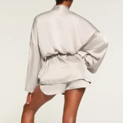 BRIDAL SILK ROBE AND TAP SHORT SET | SILVER -Deals Easy Allure Wardrobe Store SKIMS LOUNGEWEAR RB SHO 3190 MB SLV 2471
