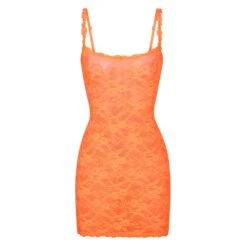 STRETCH LACE SLIP DRESS | NEON ORANGE