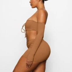 SWIM RUCHED MINI SKIRT | ALMOND -Deals Easy Allure Wardrobe Store SKIMS SWIM CU SKT 2796 CA ALM 0006 SD